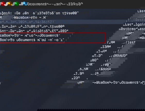Viewing folder sizes via Terminal on macOS.