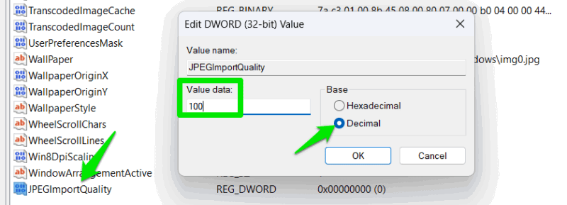 Selecting 100% wallpaper quality in the Registry