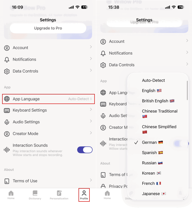 Changing language in Willow app on iPhone. 