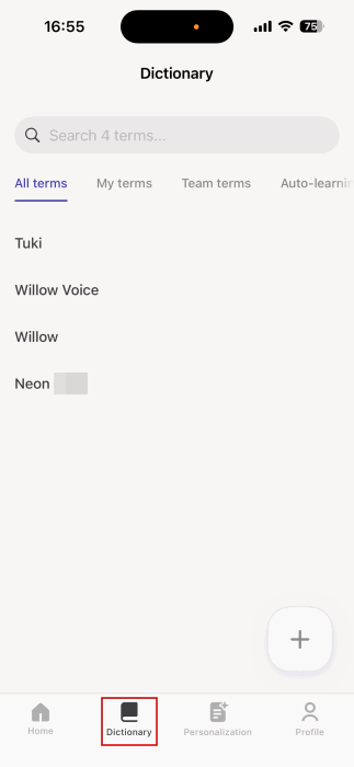 Adding new terms to Willow dictionary on iPhone. 
