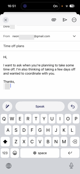 Email example dictated using Willow on iPhone. 