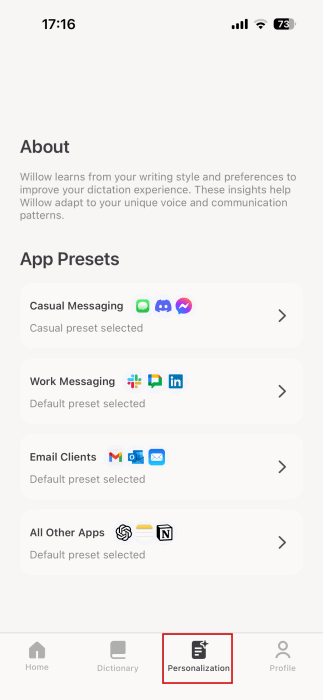 Using an App preset in Willow app on iPhone.