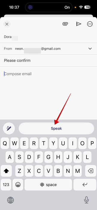 Tapping "Speak" on Willow keyboard on iPhone. 