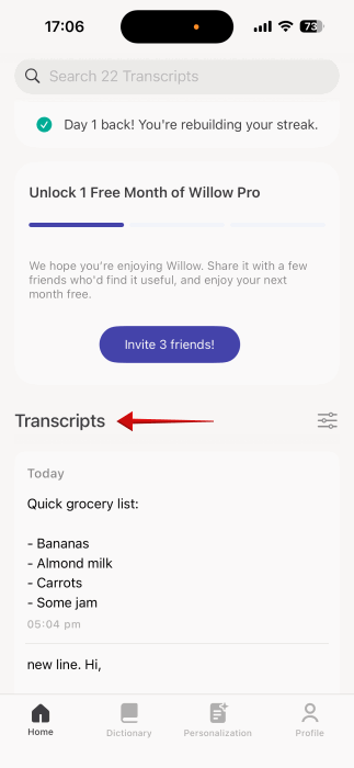 Viewing previous transcripts in Willow app on iPhone. 