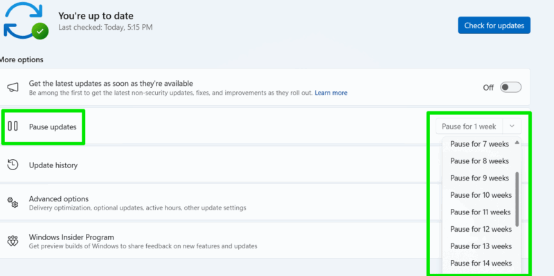 Windows Update Settings showing Pause Weeks